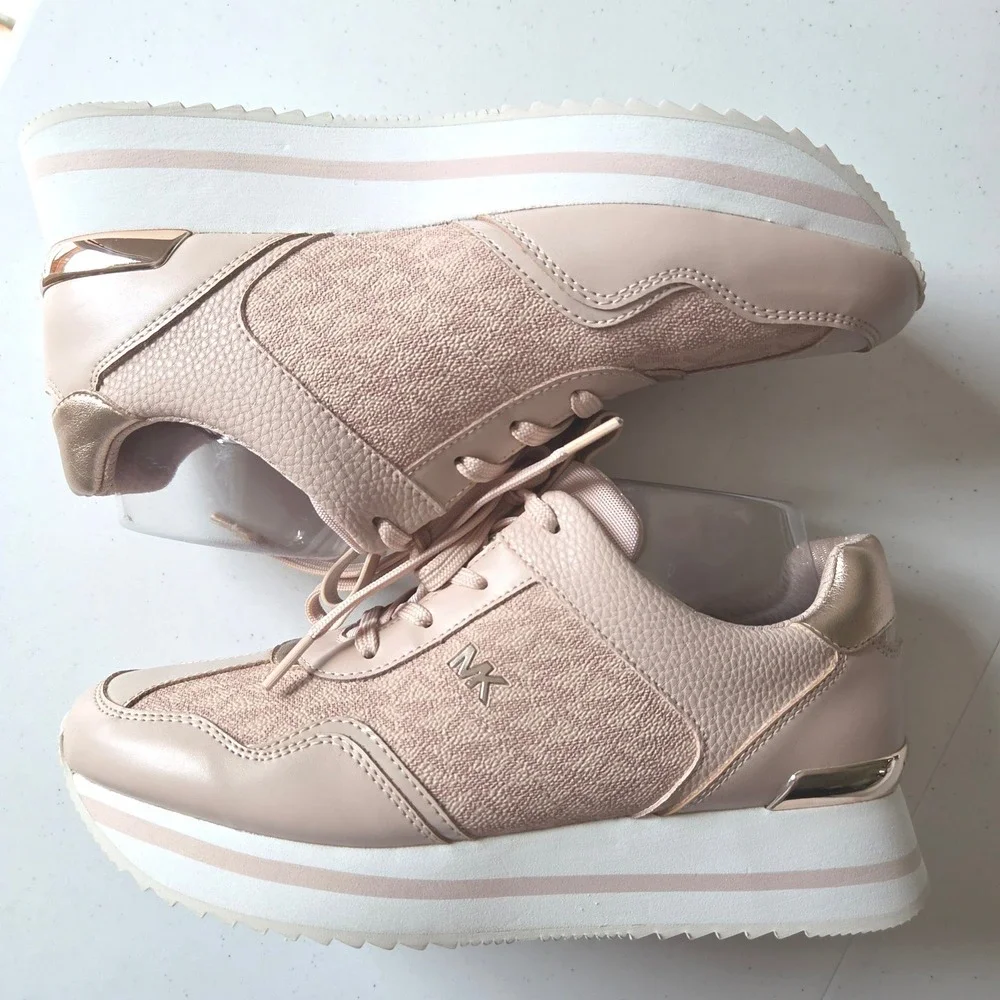 Michael Kors Maddy Pink Rose Gold Platform Sneakers Monogram LS23H Womens 9M